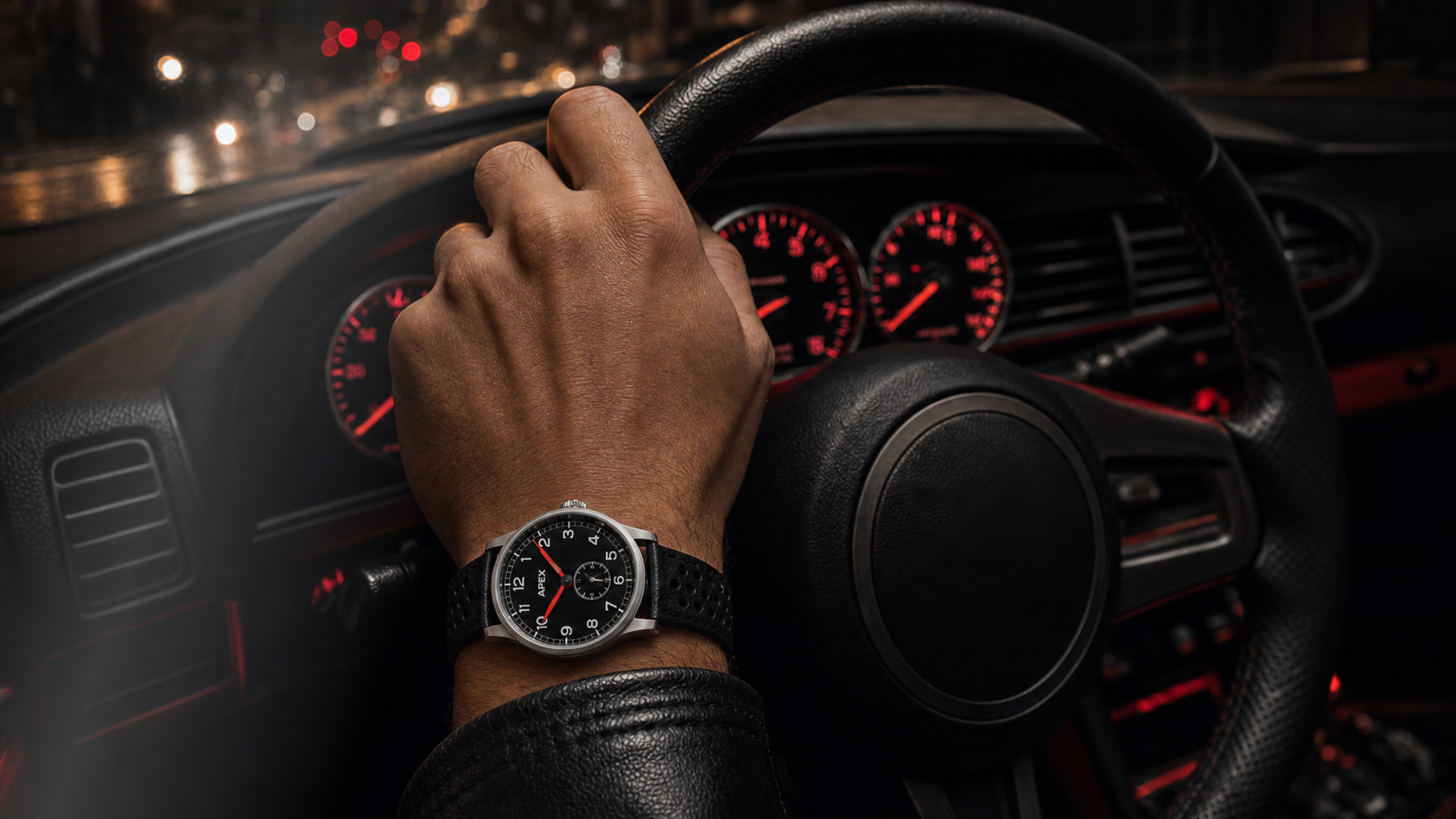 Apex Grand Touring Sport inside a car at night