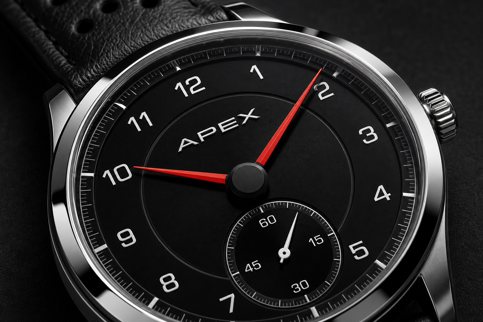 Macro view of the Apex dial and red hands