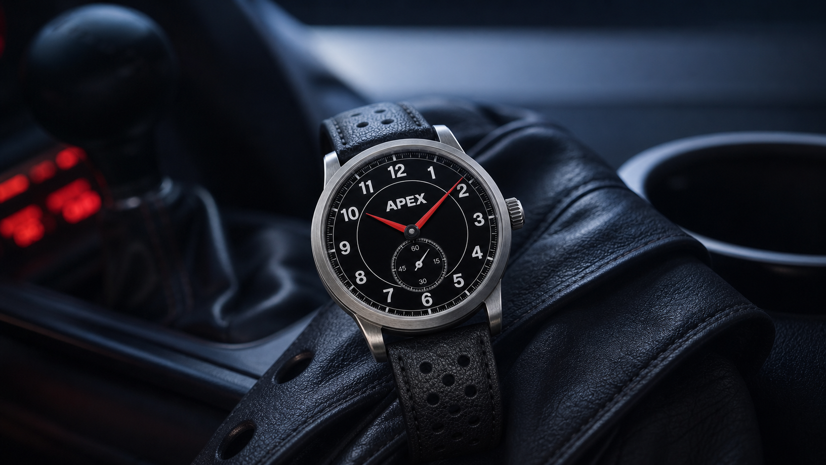 Apex watch resting on dark leather at blue hour