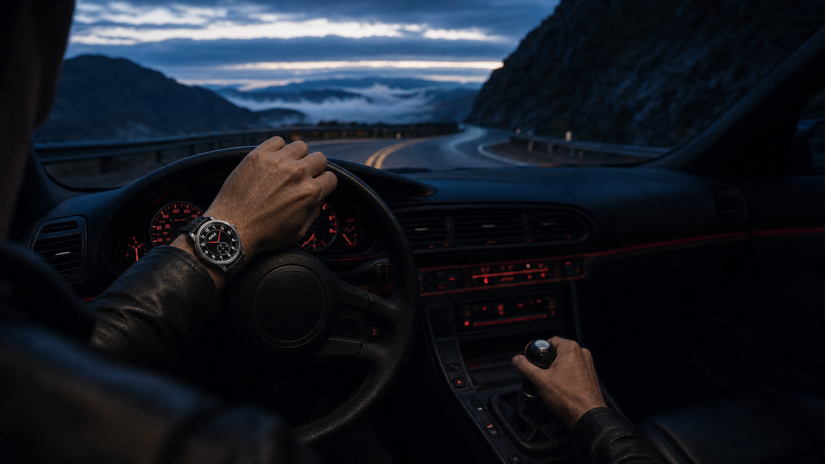 Driver wearing the Apex watch with one hand on the wheel